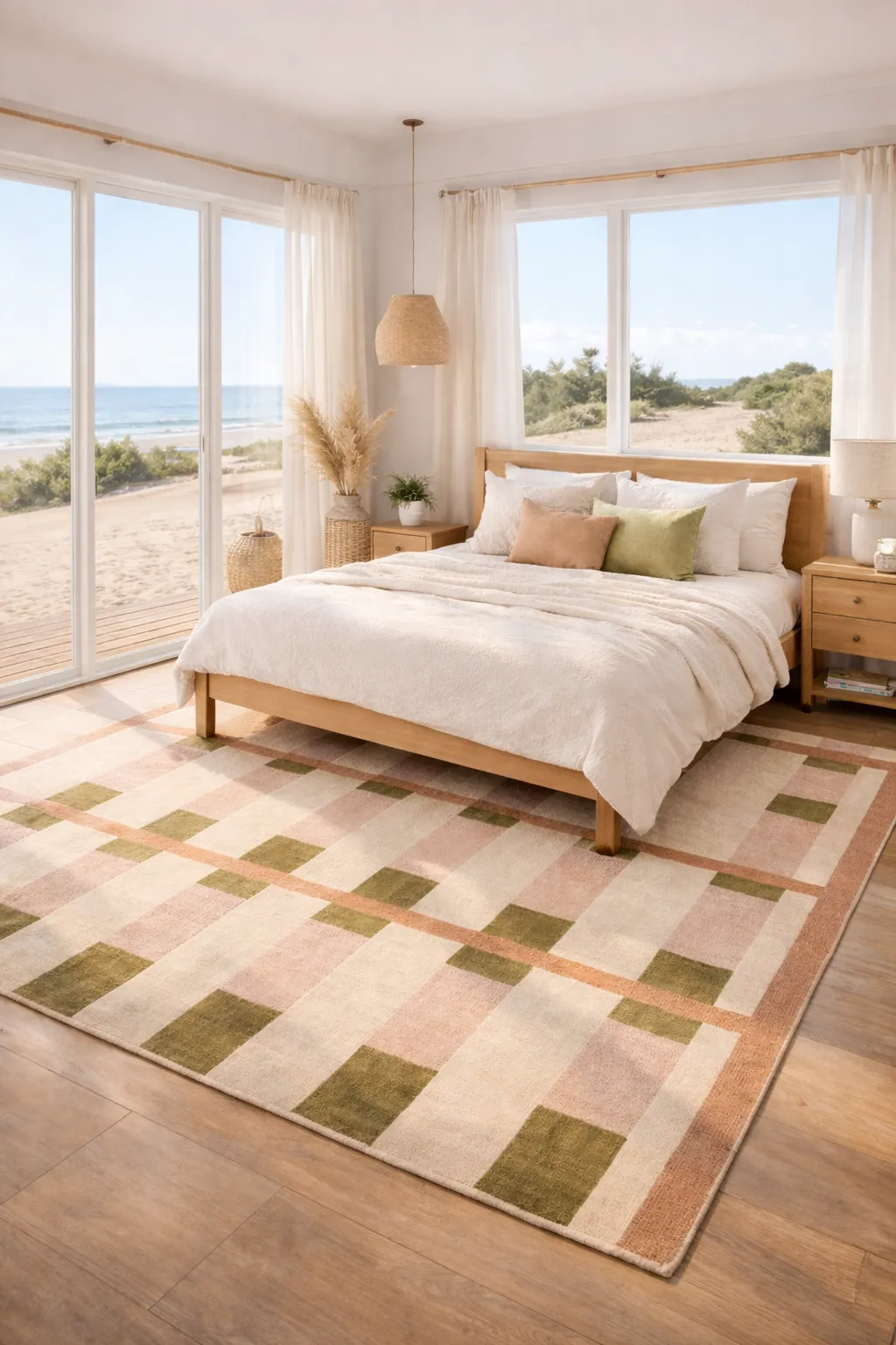 Coastal beach cottage interior with a textured rug