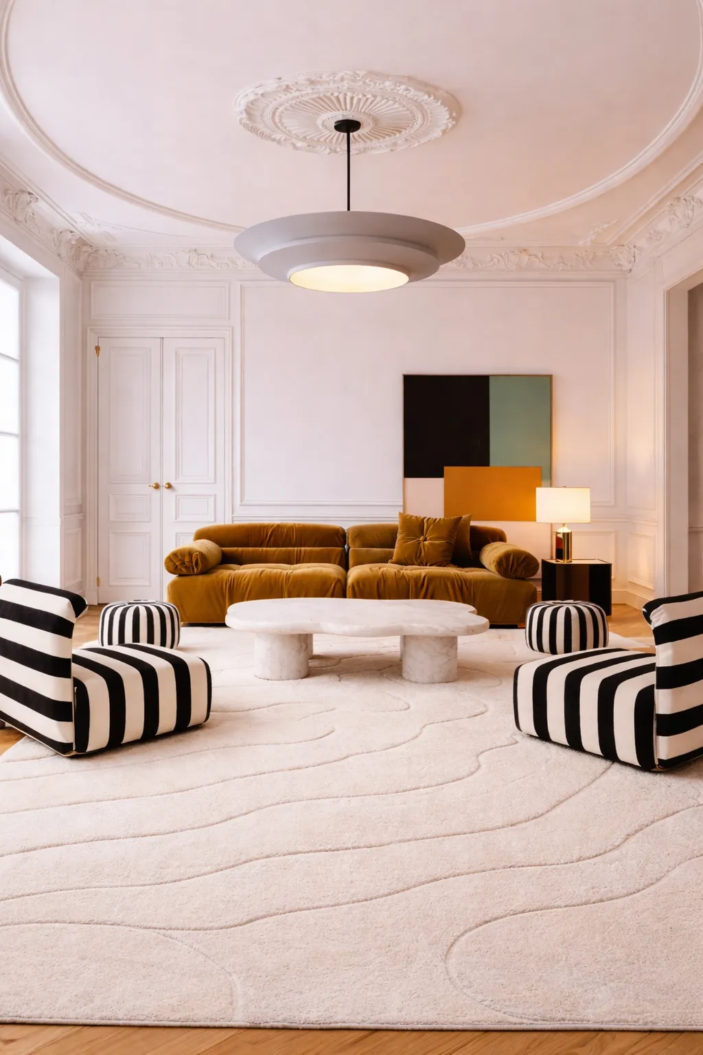 Parisian apartment interior with a patterned rug